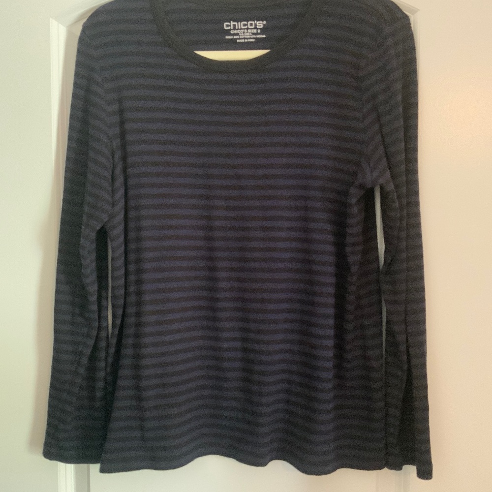 Chico’s Long Sleeve Black/Blue Striped T-Shirt/Top